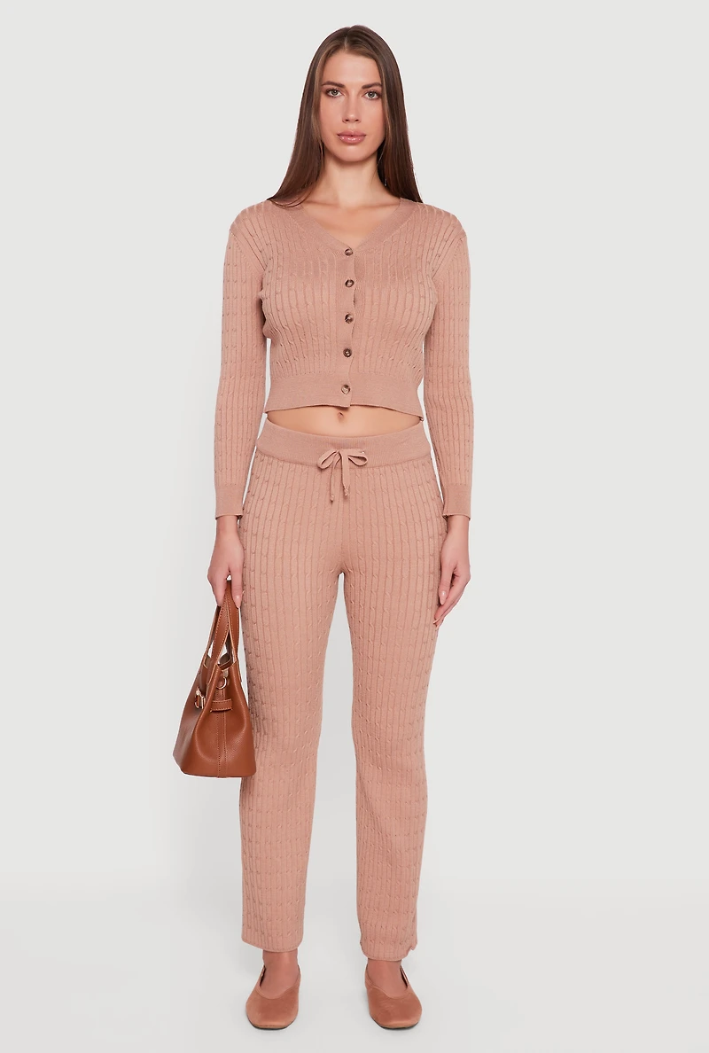 Womens Cable Knit Drawstring Waist Slim Leg Pants, Khaki,