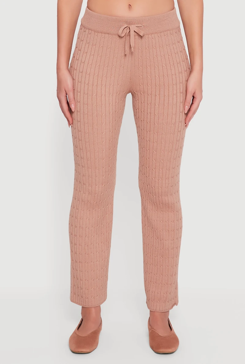 Womens Cable Knit Drawstring Waist Slim Leg Pants, Khaki,