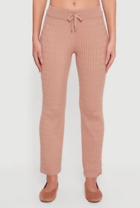Womens Cable Knit Drawstring Waist Slim Leg Pants, Khaki,