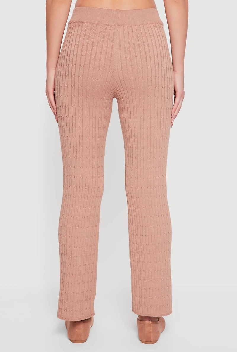Womens Cable Knit Drawstring Waist Slim Leg Pants, Khaki,