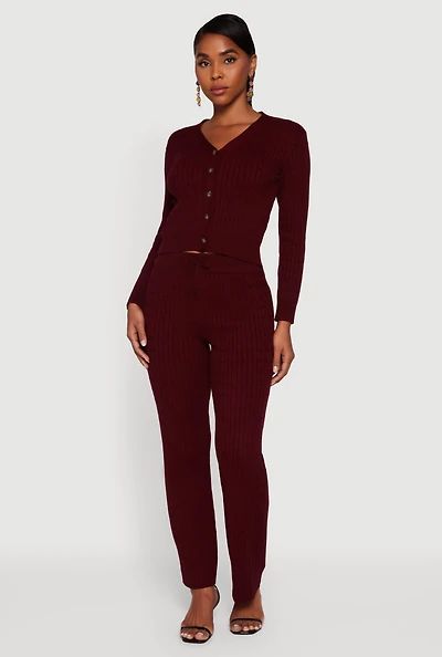 Womens Cable Knit Drawstring Waist Slim Leg Pants, Burgundy, Size M