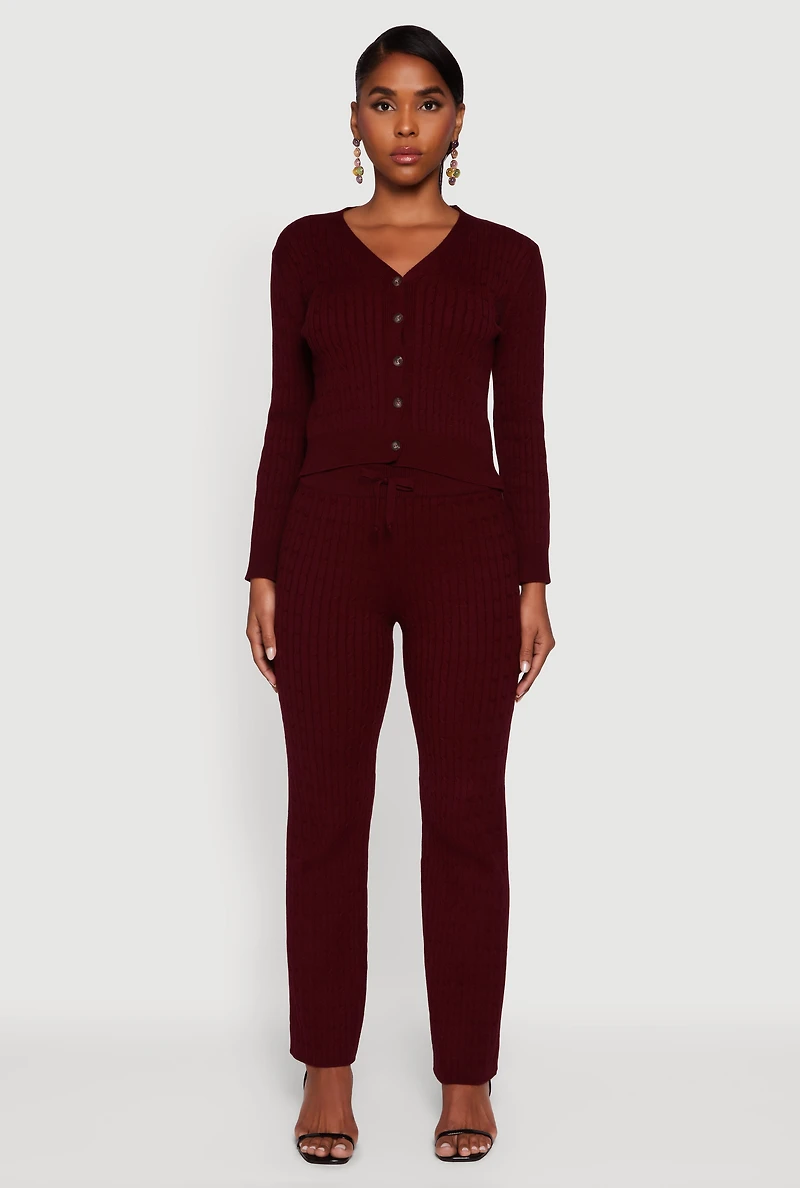 Womens Cable Knit Drawstring Waist Slim Leg Pants, Burgundy, Size M