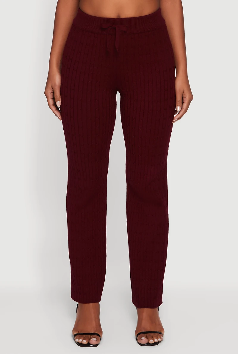 Womens Cable Knit Drawstring Waist Slim Leg Pants, Burgundy, Size M