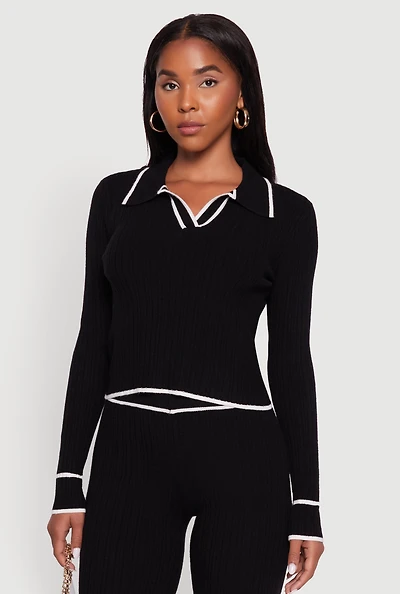 Womens Rib Knit Contrast Trim Long Sleeve Polo Sweater, Black, Size L