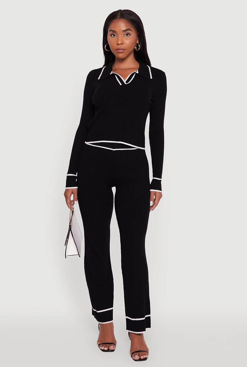 Womens Rib Knit Contrast Trim Long Sleeve Polo Sweater, Black, Size L