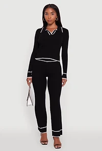 Womens Rib Knit Contrast Trim Long Sleeve Polo Sweater, Black, Size L
