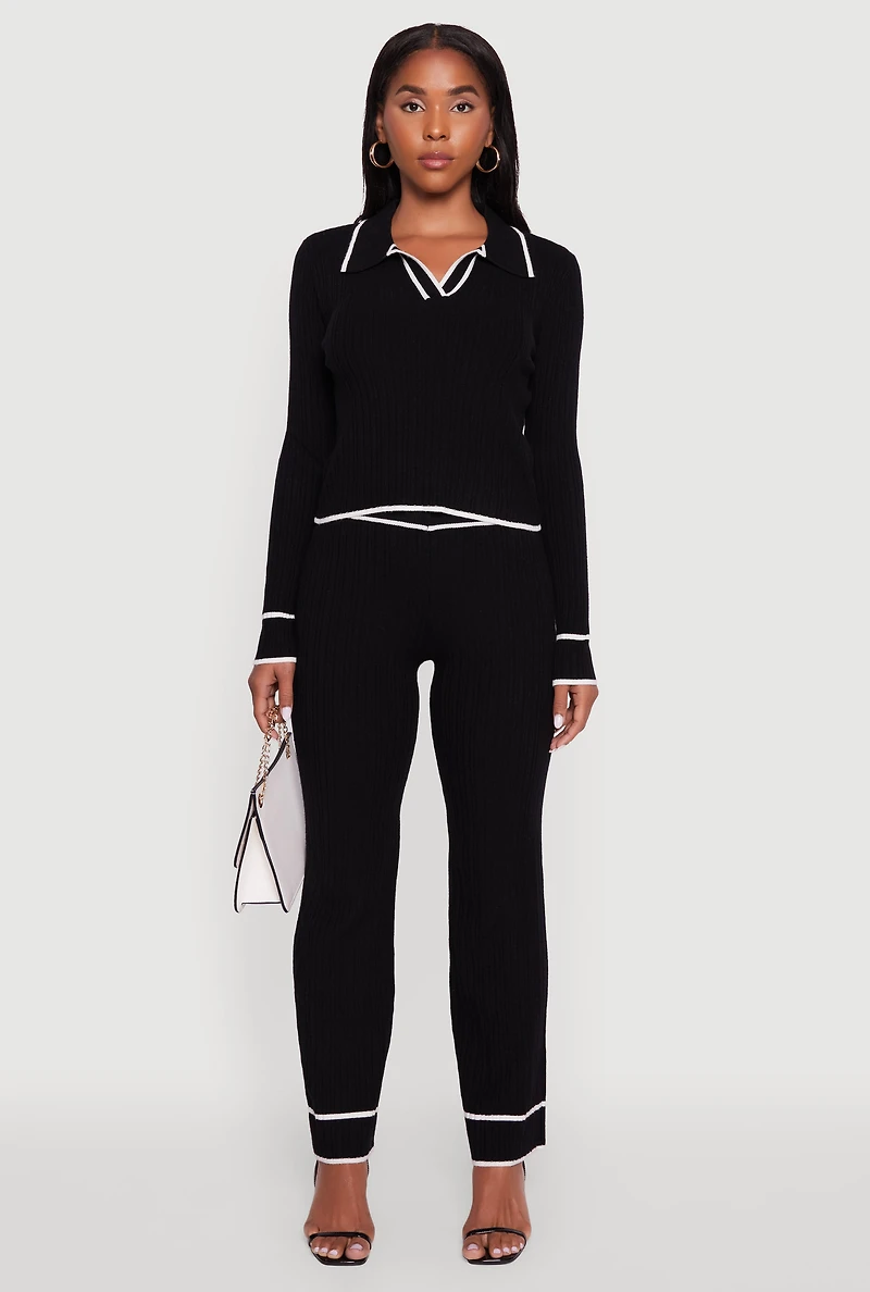 Womens Rib Knit Contrast Trim Long Sleeve Polo Sweater, Black, Size L