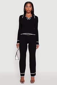 Womens Rib Knit Contrast Trim Long Sleeve Polo Sweater, Black, Size L
