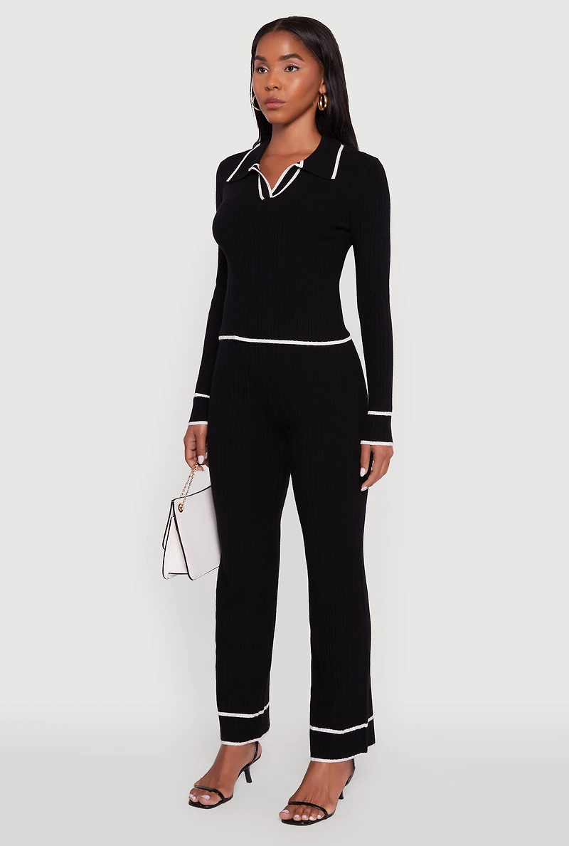 Womens Rib Knit Contrast Trim Long Sleeve Polo Sweater, Black, Size L