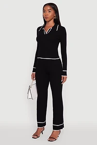 Womens Rib Knit Contrast Trim Long Sleeve Polo Sweater, Black, Size L