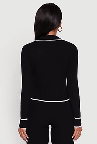 Womens Rib Knit Contrast Trim Long Sleeve Polo Sweater, Black, Size L