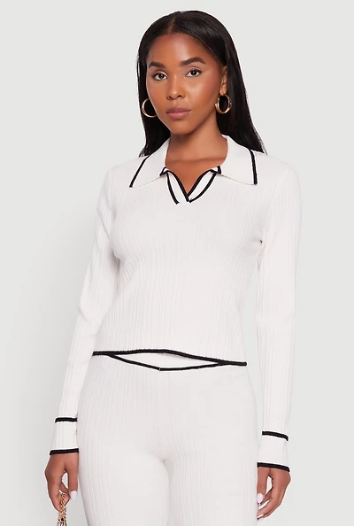 Womens Rib Knit Contrast Trim Long Sleeve Polo Sweater, White, Size S