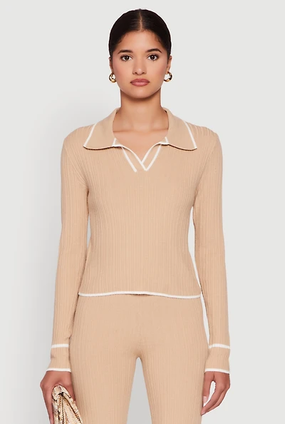 Womens Rib Knit Contrast Trim Long Sleeve Polo Sweater,