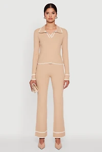 Womens Rib Knit Contrast Trim Long Sleeve Polo Sweater,