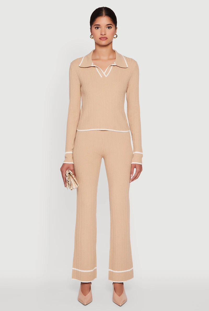 Rib Knit Contrast Trim Long Sleeve Polo Sweater