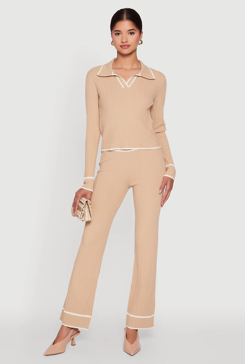 Womens Rib Knit Contrast Trim Long Sleeve Polo Sweater,