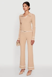Womens Rib Knit Contrast Trim Long Sleeve Polo Sweater, Beige, Size L