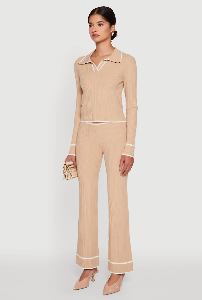 Womens Rib Knit Contrast Trim Long Sleeve Polo Sweater,