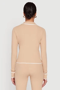 Womens Rib Knit Contrast Trim Long Sleeve Polo Sweater, Beige, Size L