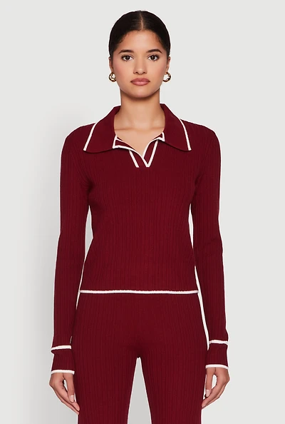 Womens Rib Knit Contrast Trim Long Sleeve Polo Sweater,