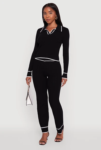Womens Contrast Trim High Waisted Ribbed Knit Pants,
