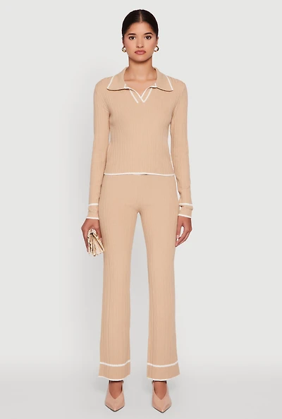 Womens Contrast Trim High Waisted Ribbed Knit Pants, Khaki, Size M