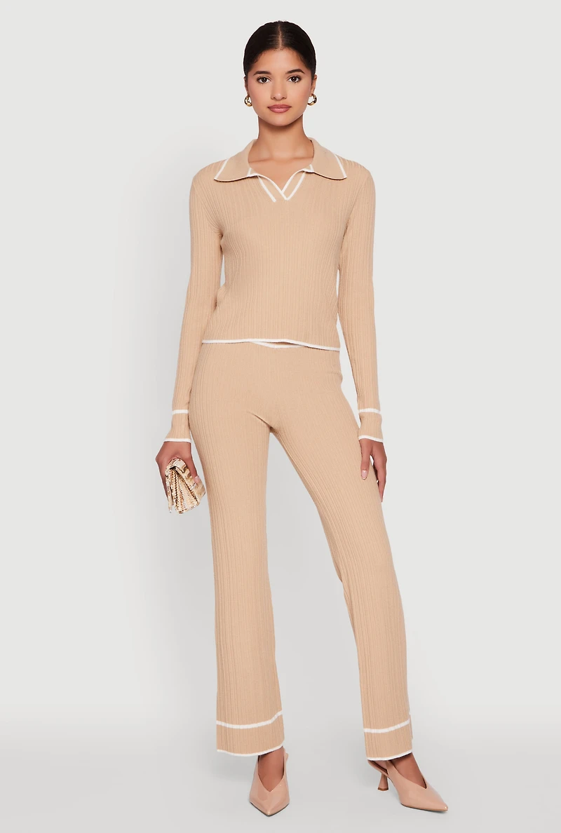 Womens Contrast Trim High Waisted Ribbed Knit Pants, Khaki, Size M