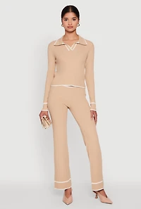 Womens Contrast Trim High Waisted Ribbed Knit Pants, Khaki, Size M