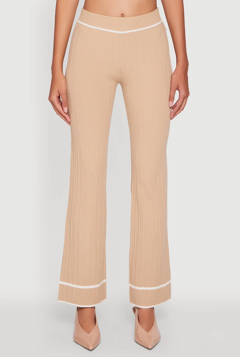 Womens Contrast Trim High Waisted Ribbed Knit Pants, Khaki, Size M