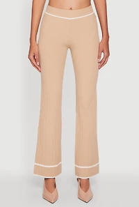 Womens Contrast Trim High Waisted Ribbed Knit Pants, Khaki, Size M