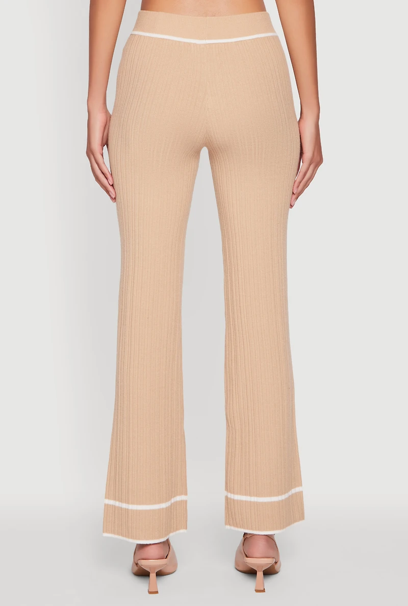 Womens Contrast Trim High Waisted Ribbed Knit Pants, Khaki, Size M