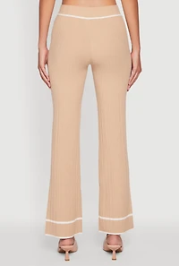 Womens Contrast Trim High Waisted Ribbed Knit Pants, Khaki, Size M