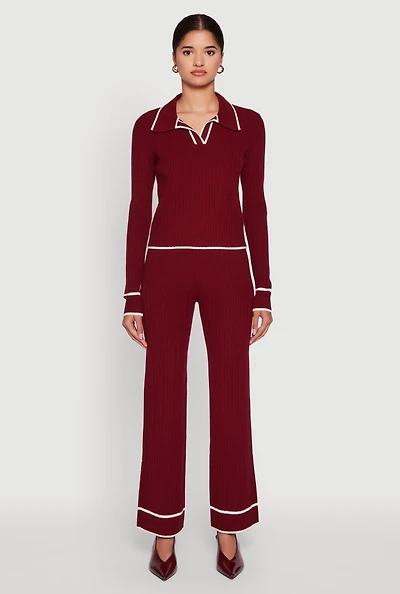 Womens Contrast Trim High Waisted Ribbed Knit Pants, Burgundy, Size M