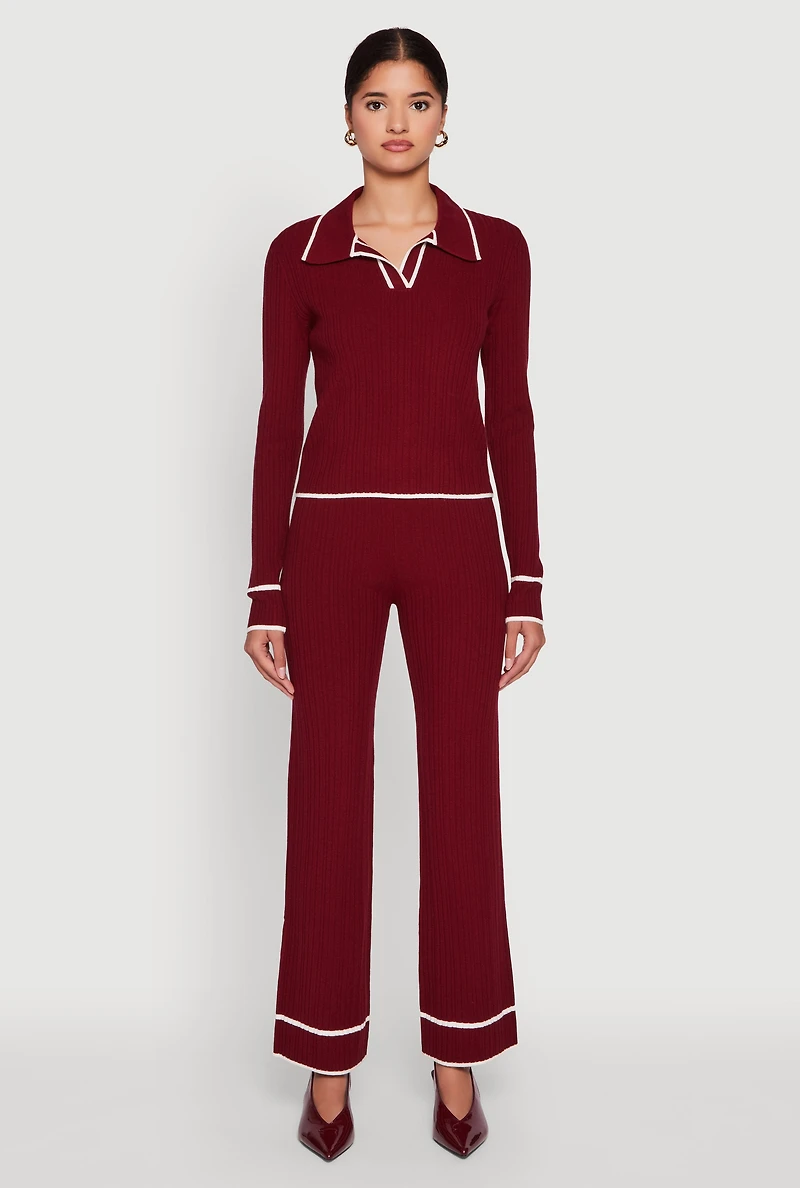 Womens Contrast Trim High Waisted Ribbed Knit Pants,