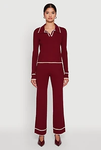 Womens Contrast Trim High Waisted Ribbed Knit Pants,