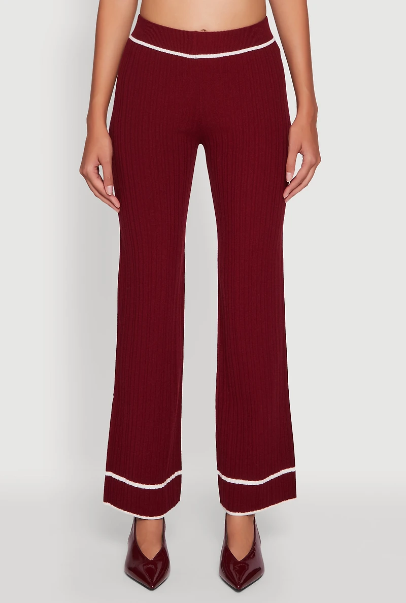 Contrast Trim High Waisted Ribbed Knit Pants