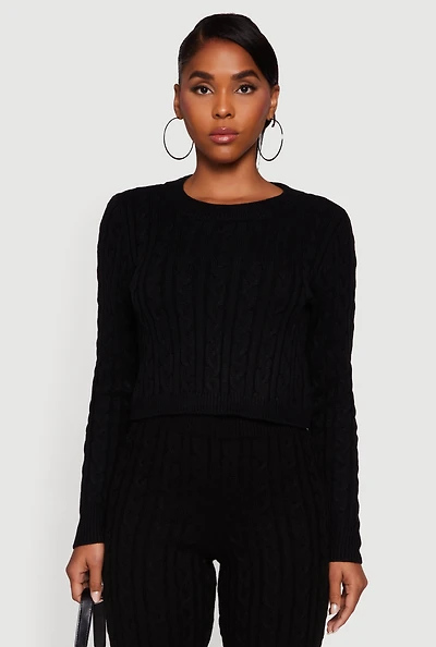 Womens Long Sleeve Cable Knit Crop Sweater, Black, Size L