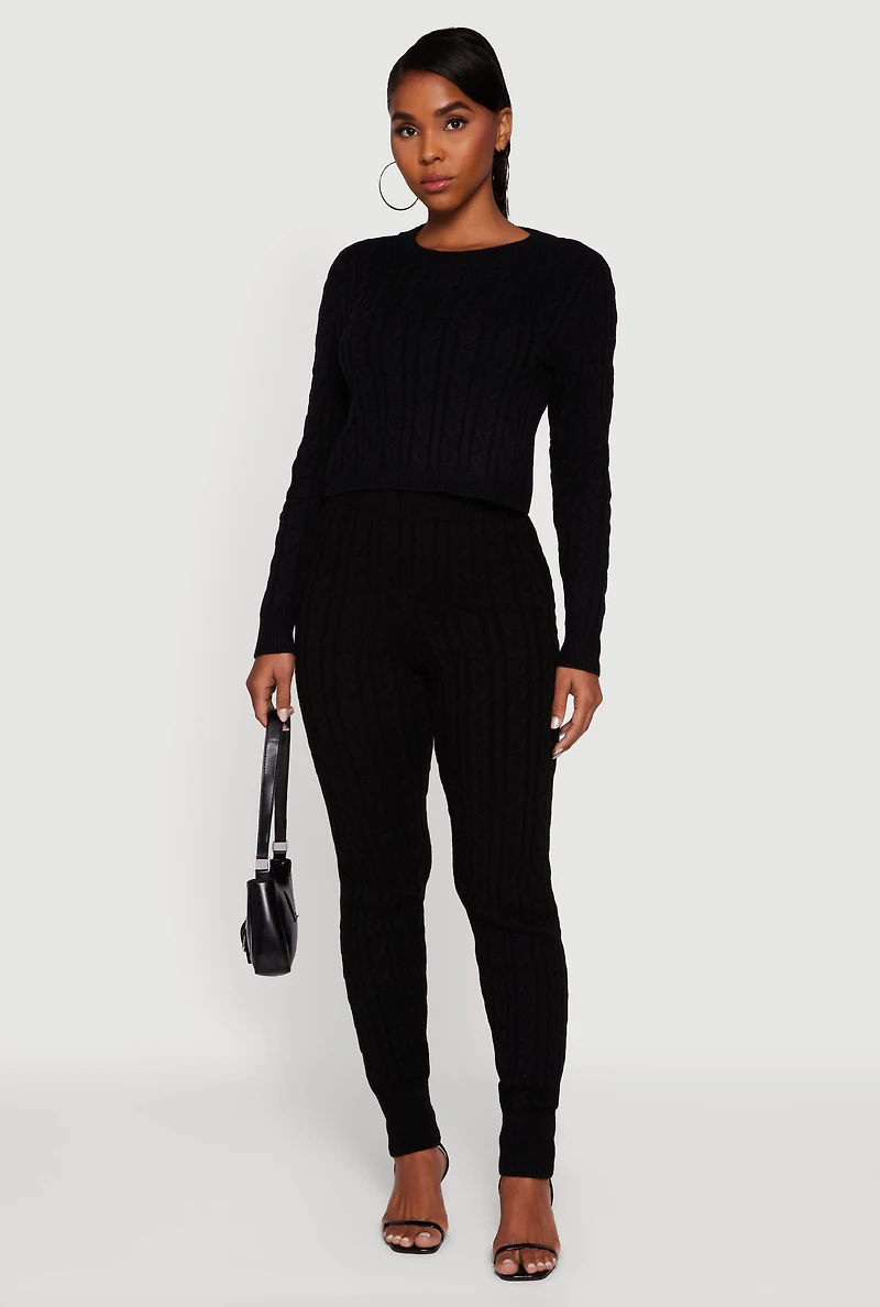 Womens Long Sleeve Cable Knit Crop Sweater, Black, Size L