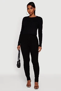 Womens Long Sleeve Cable Knit Crop Sweater, Black, Size L