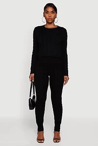 Womens Long Sleeve Cable Knit Crop Sweater, Black, Size L