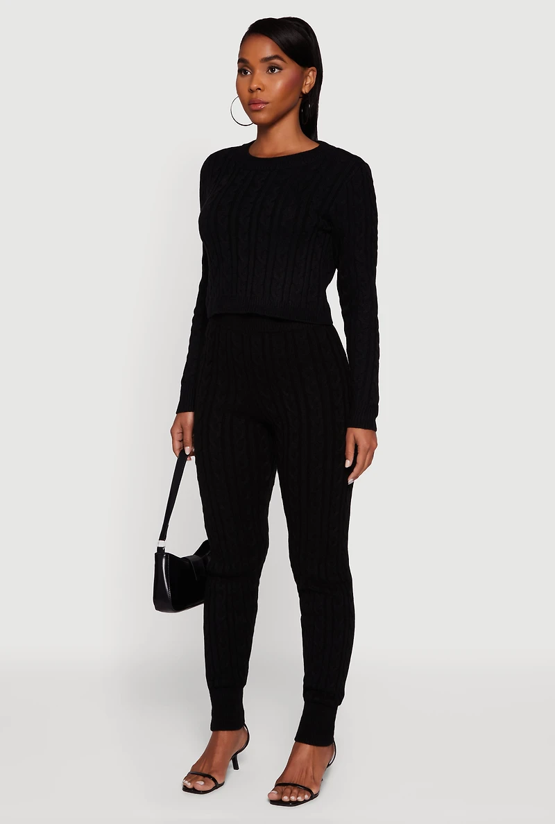 Womens Long Sleeve Cable Knit Crop Sweater, Black, Size L