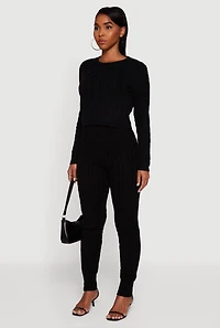 Womens Long Sleeve Cable Knit Crop Sweater, Black, Size L