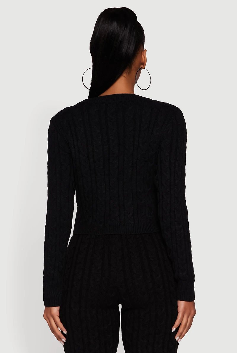 Womens Long Sleeve Cable Knit Crop Sweater, Black, Size L