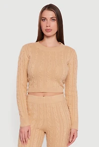 Long Sleeve Cable Knit Crop Sweater, Beige,