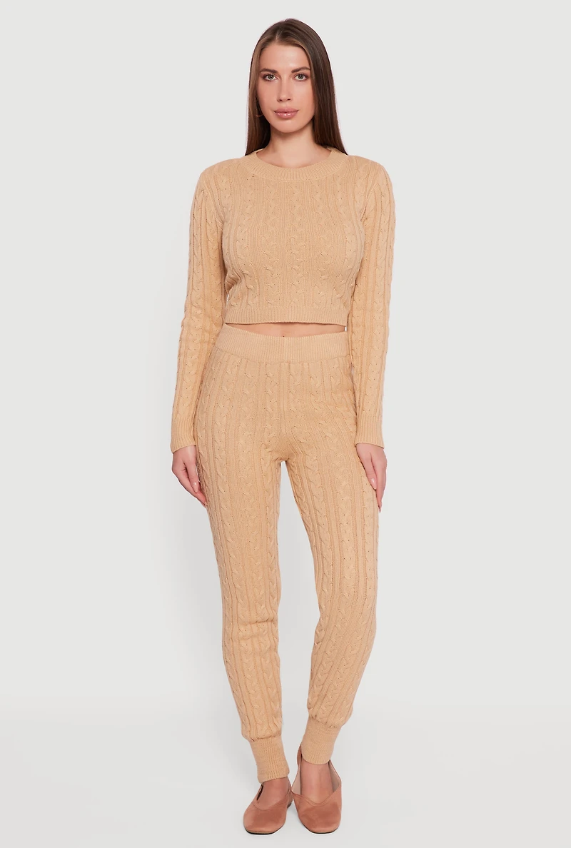 Long Sleeve Cable Knit Crop Sweater, Beige,