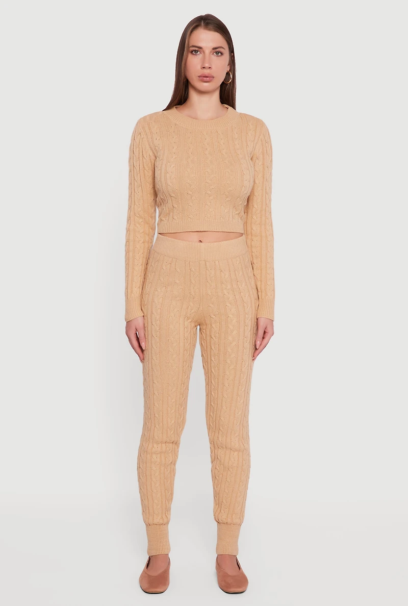 Long Sleeve Cable Knit Crop Sweater, Beige,