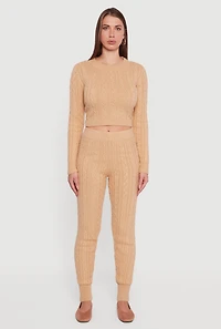 Long Sleeve Cable Knit Crop Sweater, Beige,