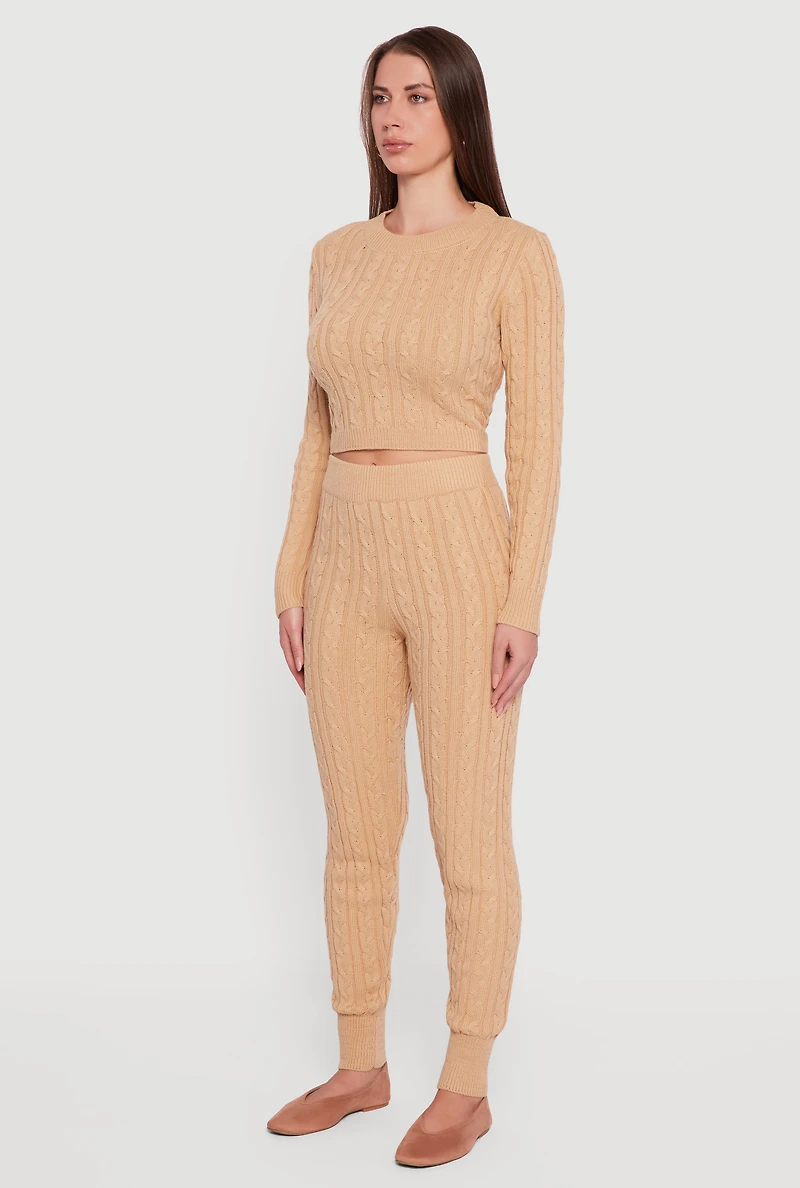 Long Sleeve Cable Knit Crop Sweater, Beige,