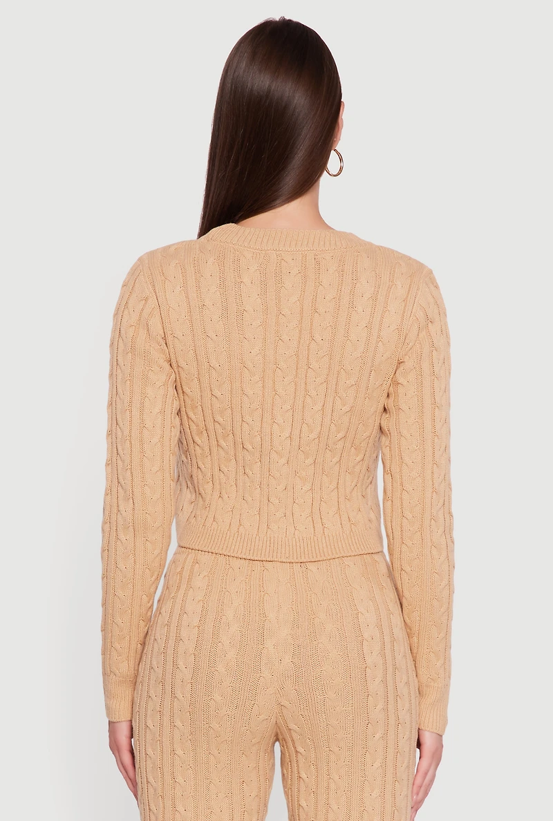 Long Sleeve Cable Knit Crop Sweater, Beige,