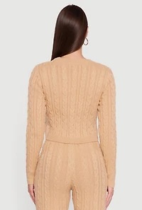 Long Sleeve Cable Knit Crop Sweater, Beige,